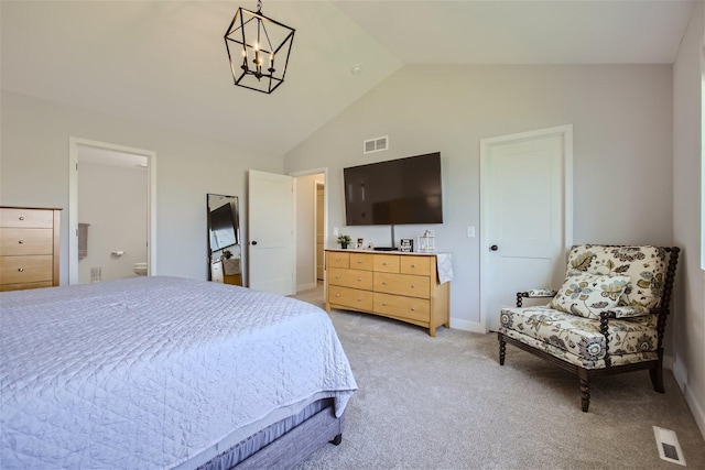 bedroom featuring lofted ceiling, an inviting chandelier, visible vents, and light colored carpet