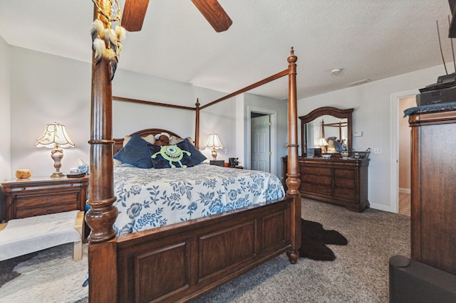 bedroom with carpet, visible vents, ceiling fan, and baseboards