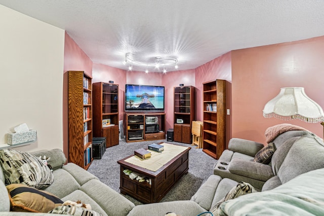 living room featuring carpet, track lighting, and a textured ceiling