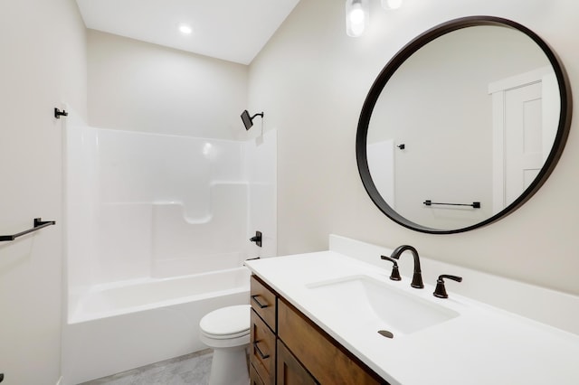 full bath featuring toilet, tub / shower combination, and vanity