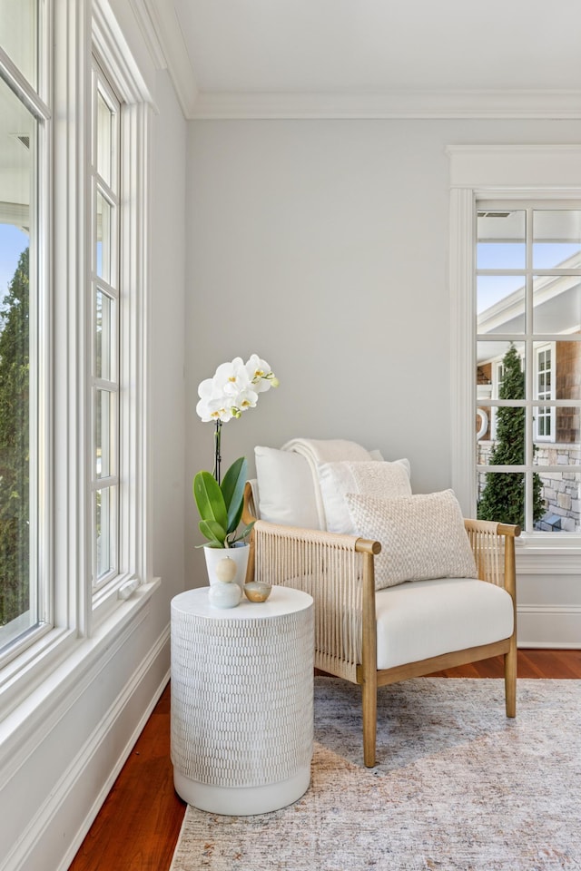 6601 Dovre Dr, Edina, MN 55436 - sitting room featuring wood finished floors, crown molding, and baseboards