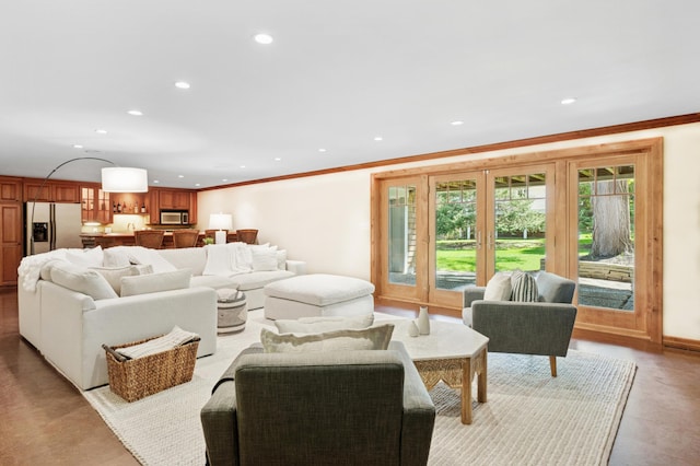 6601 Dovre Dr, Edina, MN 55436 - living room featuring recessed lighting, ornamental molding, and baseboards