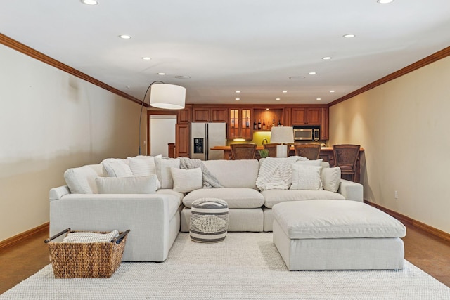 6601 Dovre Dr, Edina, MN 55436 - living room featuring crown molding, recessed lighting, baseboards, and carpet flooring