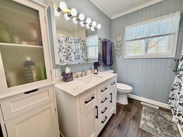 45936 State Highway 65, Mcgregor, MN 55760 - bathroom with ornamental molding, wood finished floors, vanity, toilet, and wood walls