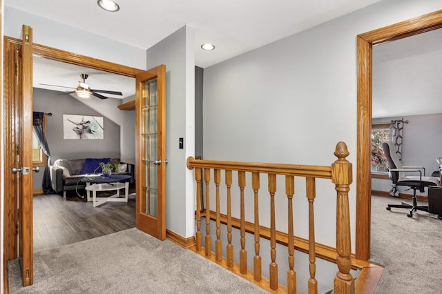 corridor with recessed lighting, carpet flooring, french doors, and baseboards