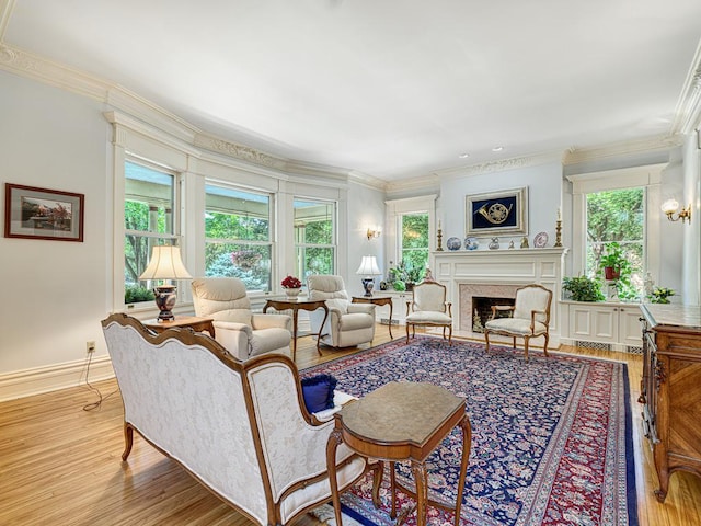 857 Fairmount Ave, Saint Paul, MN 55105 - living area with crown molding, wood finished floors, and a fireplace