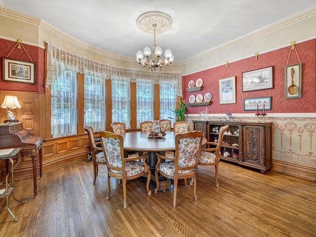 857 Fairmount Ave, Saint Paul, MN 55105 - dining area with wallpapered walls, wainscoting, a chandelier, wood finished floors, and ornamental molding