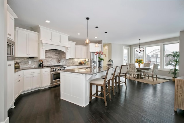 kitchen with stainless steel appliances, backsplash, and dark wood-style floors