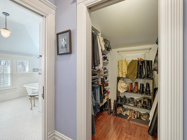 spacious closet with lofted ceiling and wood finished floors