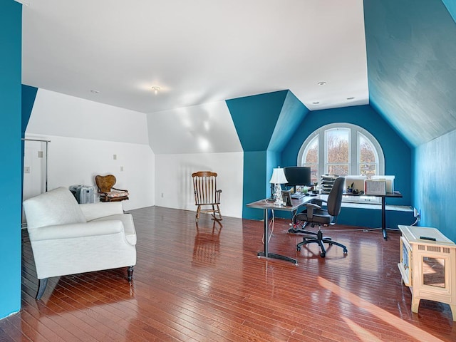 office area featuring hardwood / wood-style flooring and vaulted ceiling