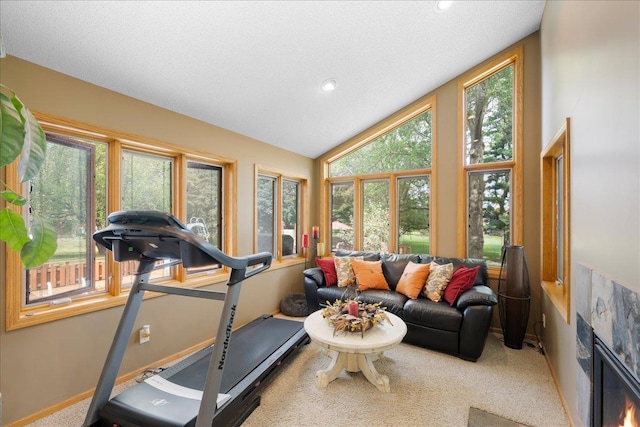 workout area featuring a warm lit fireplace, baseboards, vaulted ceiling, and carpet flooring