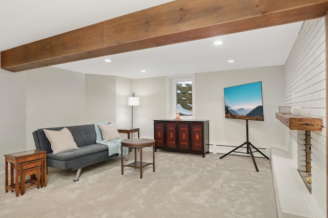 living room with carpet floors, baseboard heating, beam ceiling, and recessed lighting