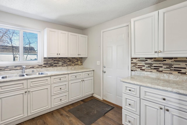 kitchen featuring a sink, white cabinets, dark wood-style flooring, and light countertops