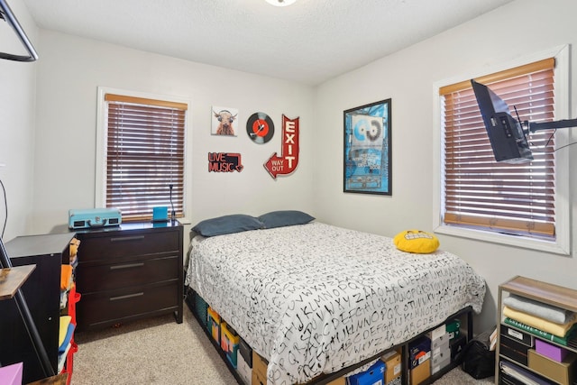 carpeted bedroom with a textured ceiling