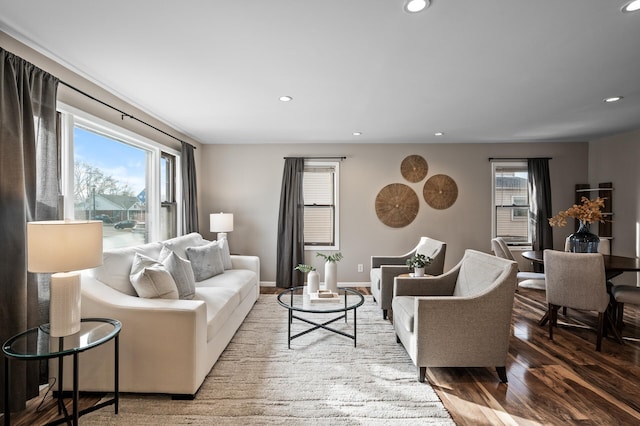 living room with recessed lighting, baseboards, and wood finished floors