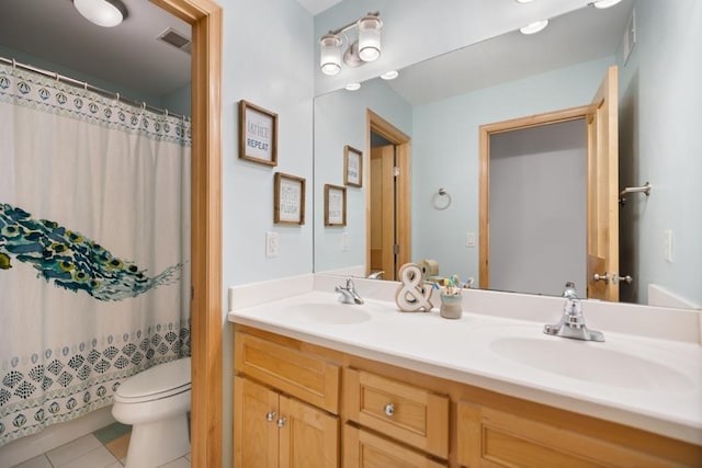11050 Sweetwater Path, Woodbury, MN 55129 - bathroom with toilet, double vanity, tile patterned floors, and a shower with curtain