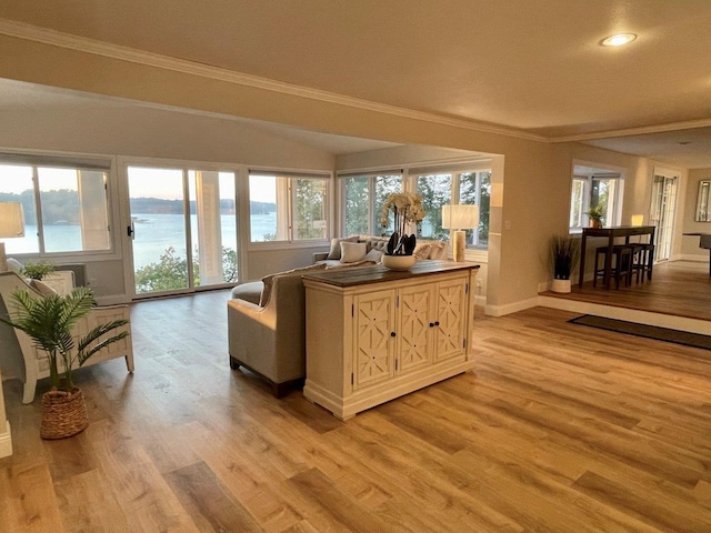 living room with baseboards, ornamental molding, light wood-style flooring, and a healthy amount of sunlight