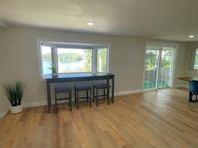 interior space featuring a textured ceiling, baseboards, and wood finished floors