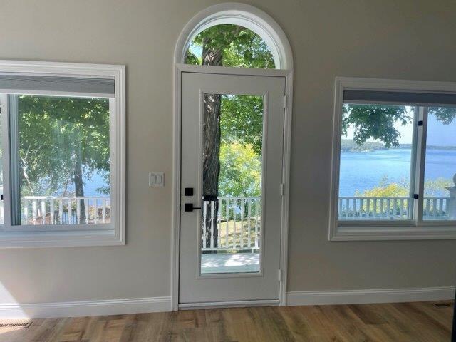 doorway to outside featuring a healthy amount of sunlight, visible vents, baseboards, and wood finished floors