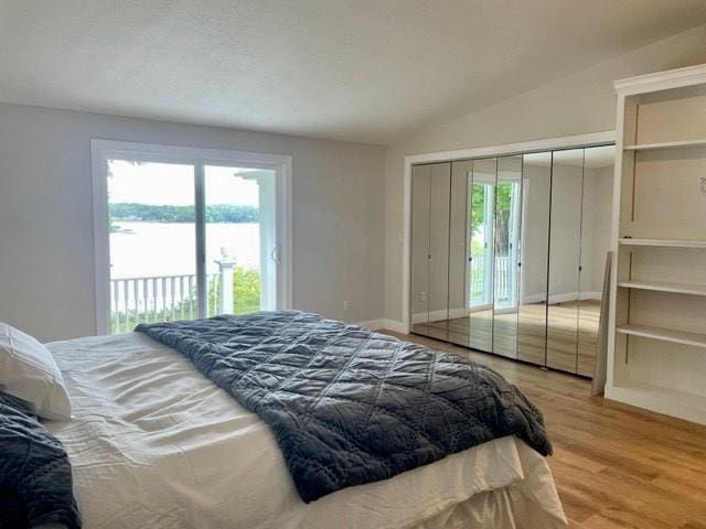 bedroom with access to outside, multiple windows, lofted ceiling, and wood finished floors