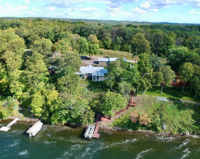 drone / aerial view with a water view and a forest view