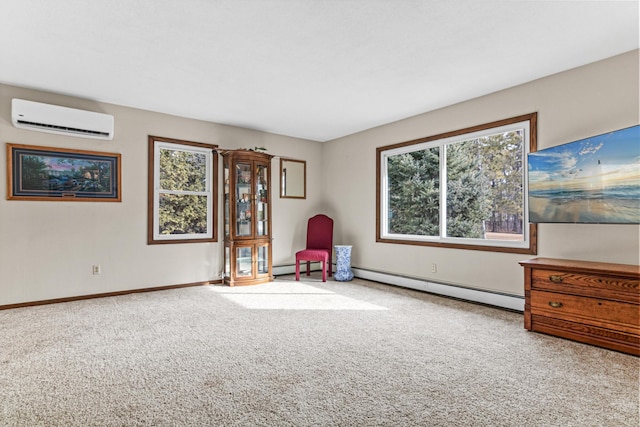 unfurnished room featuring a wall unit AC, carpet, baseboards, and baseboard heating