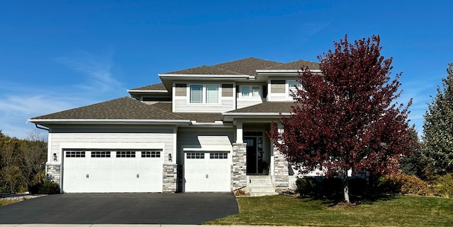 prairie-style house with aphalt driveway, stone siding, roof with shingles, a front yard, and a garage