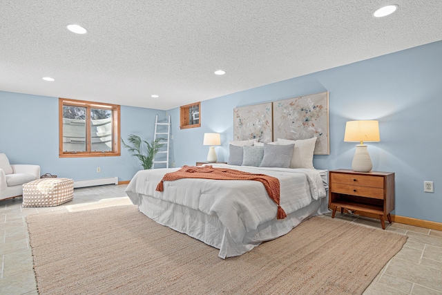 bedroom with a textured ceiling, recessed lighting, baseboards, and a baseboard radiator