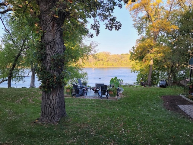 view of yard featuring a patio and a water view