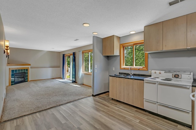 344 Riverside Ave S, Sartell, MN 56377 - kitchen featuring white electric stove, a sink, light wood finished floors, light brown cabinetry, and a textured ceiling