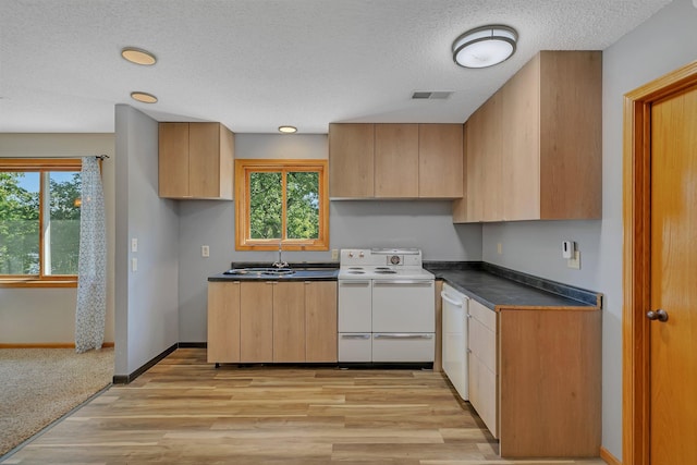 344 Riverside Ave S, Sartell, MN 56377 - kitchen with white appliances, light wood-style flooring, dark countertops, a sink, and a textured ceiling