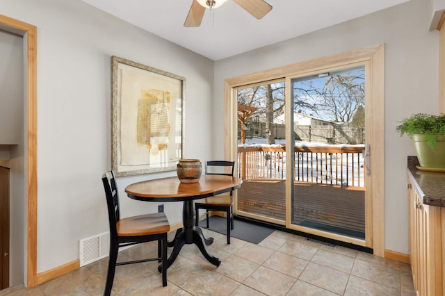 dining room featuring ceiling fan, light tile patterned floors, visible vents, and baseboards