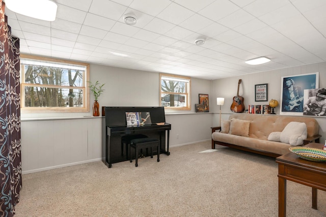 living area featuring baseboards and carpet flooring