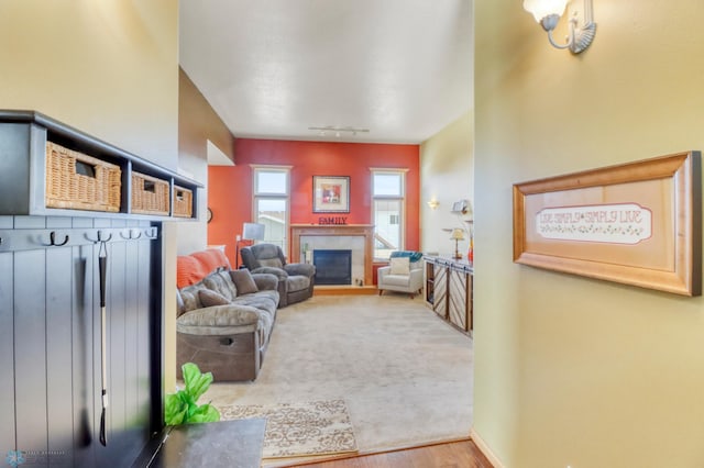 living area featuring a glass covered fireplace, track lighting, wood finished floors, and baseboards