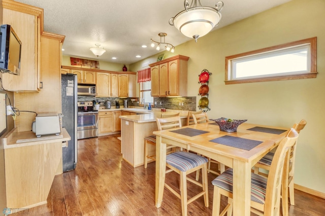 kitchen with decorative backsplash, light brown cabinets, appliances with stainless steel finishes, and a healthy amount of sunlight