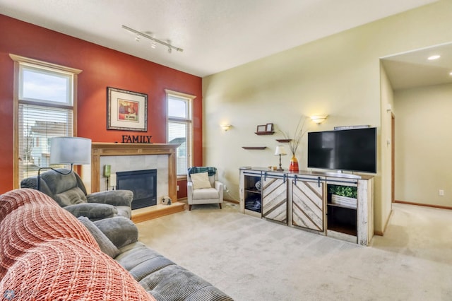 living area featuring a premium fireplace, baseboards, carpet, and rail lighting