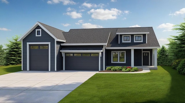 view of front of house with an attached garage, concrete driveway, a front lawn, and roof with shingles