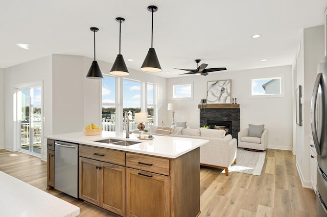 kitchen featuring a sink, a fireplace, light wood-style floors, and stainless steel dishwasher