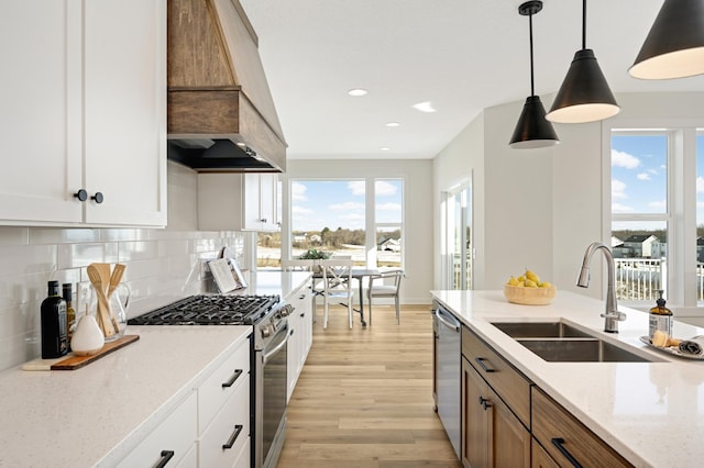 kitchen featuring light wood-type flooring, a sink, backsplash, appliances with stainless steel finishes, and custom exhaust hood