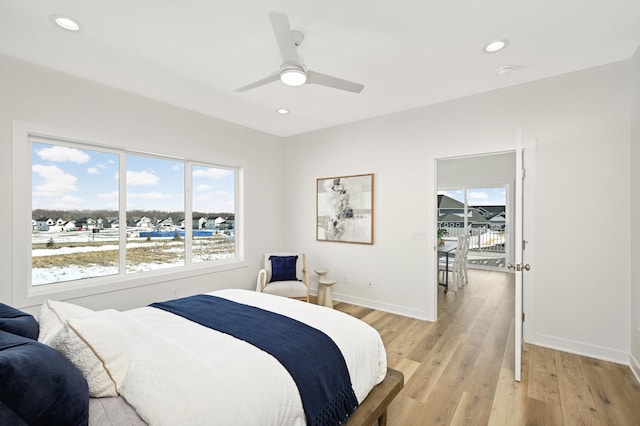 bedroom with light wood-style flooring, recessed lighting, baseboards, and ceiling fan