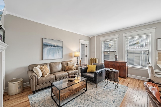 living area with baseboards, crown molding, and light wood finished floors