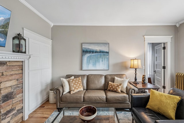 living room featuring radiator, light wood-style floors, and crown molding