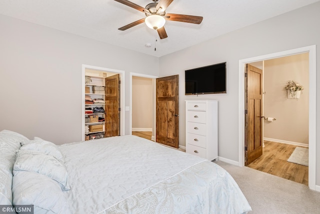 bedroom with carpet, a walk in closet, ceiling fan, and baseboards