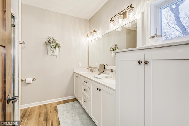 bathroom with double vanity, wood finished floors, a sink, and baseboards