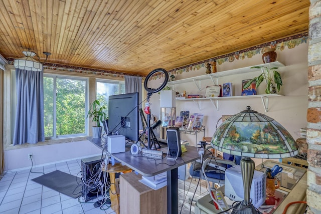 interior space featuring wood ceiling and tile patterned floors