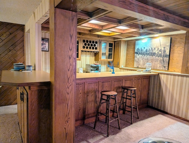 71 Deer Hills Ct, North Oaks, MN 55127 - indoor bar with carpet flooring, wood walls, and beam ceiling