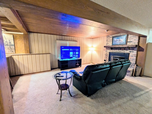 71 Deer Hills Ct, North Oaks, MN 55127 - cinema room featuring a fireplace, carpet floors, and wooden ceiling with exposed beams
