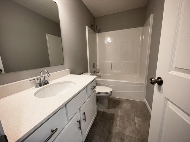 full bath featuring bathing tub / shower combination, vanity, and toilet