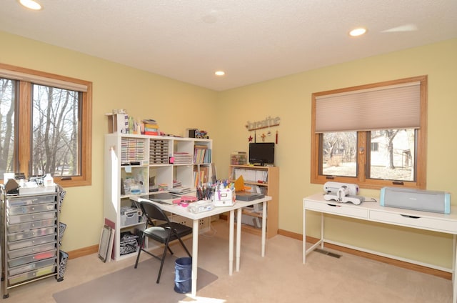 home office with carpet flooring, recessed lighting, and baseboards