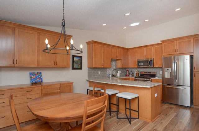 kitchen featuring light wood finished floors, backsplash, a peninsula, and stainless steel appliances